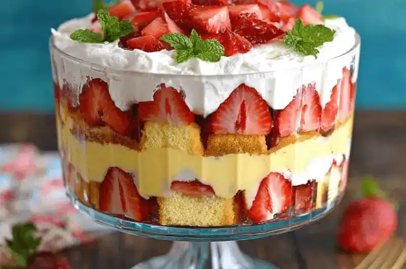 Layered strawberry trifle in a clear glass pedestal bowl, showing sponge cake, custard, and fresh strawberries, topped with whipped cream and mint.