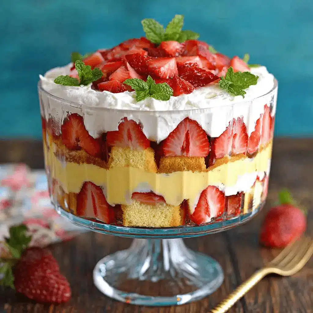 Layered strawberry trifle in a clear glass pedestal bowl, showing sponge cake, custard, and fresh strawberries, topped with whipped cream and mint.