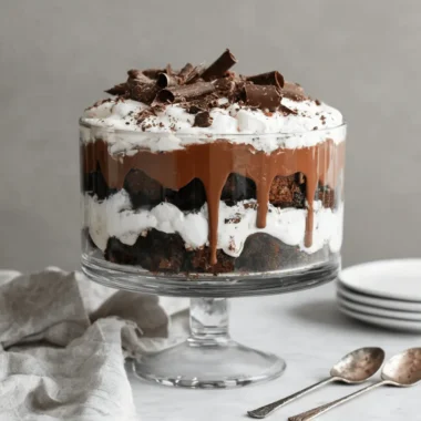Elegant layered brownie trifle in a glass pedestal bowl with chocolate drips and cream.