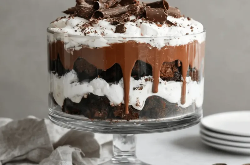 Elegant layered brownie trifle in a glass pedestal bowl with chocolate drips and cream.