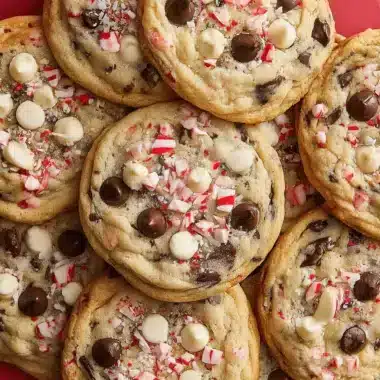 Overhead view of a tight cluster of freshly baked, double chocolate peppermint chocolate chip cookies.
