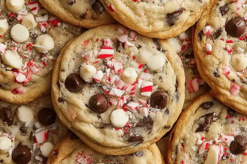 Overhead view of a tight cluster of freshly baked, double chocolate peppermint chocolate chip cookies.