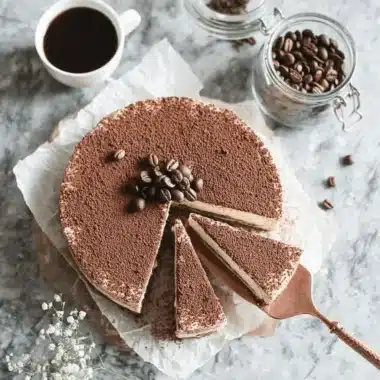 The Ultimate Espresso Martini Cheesecake 3 Overhead photograph of a cocoa-dusted, layered espresso martini cheesecake garnished with whole coffee beans on a rustic wooden platter.