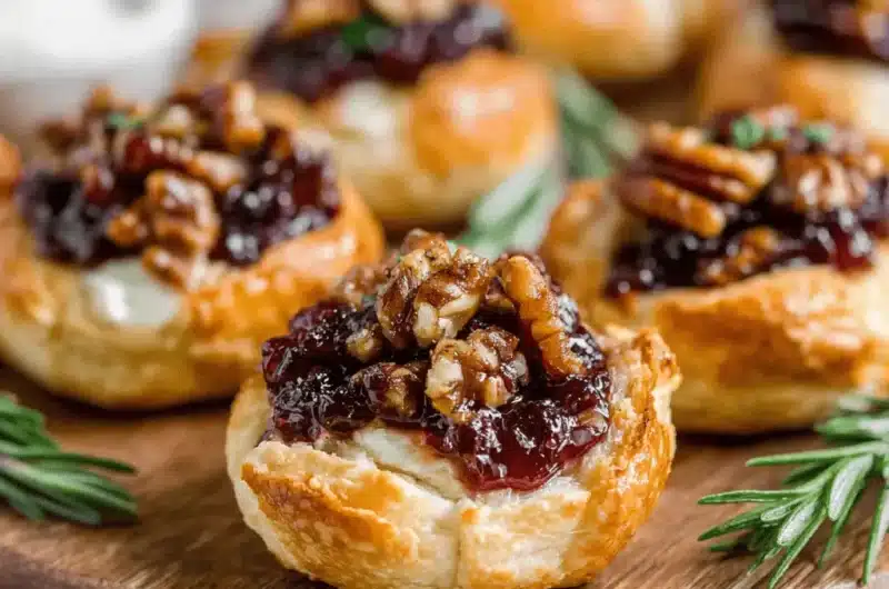 Close-up of baked Cranberry Brie Bites with glossy cranberry topping and glazed nuts, served on a dark wood platter.