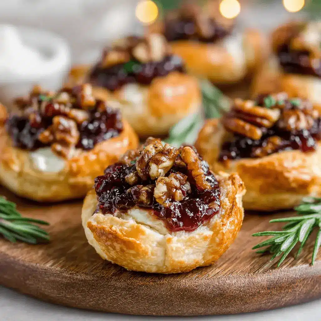 Ultimate Cranberry Brie Bites Recipe 2 Close-up of baked Cranberry Brie Bites with glossy cranberry topping and glazed nuts, served on a dark wood platter.