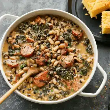 Overhead photo of a hearty Southern black eyed peas recipe stew with smoked sausage, collard greens, and a side of golden cornbread.