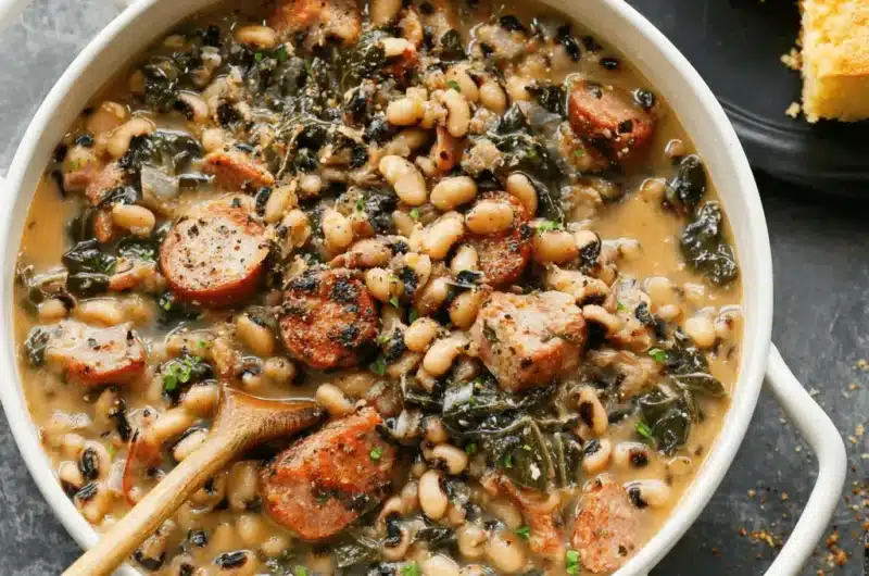 Overhead photo of a hearty Southern black eyed peas recipe stew with smoked sausage, collard greens, and a side of golden cornbread.