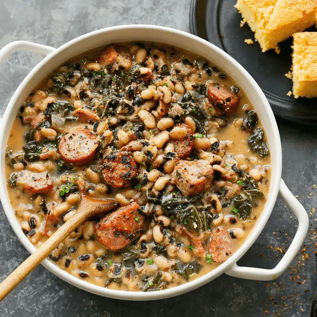 The Ultimate Foolproof Black Eyed Peas Recipe 2 Overhead photo of a hearty Southern black eyed peas recipe stew with smoked sausage, collard greens, and a side of golden cornbread.