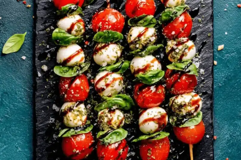 Four gourmet caprese skewers drizzled with balsamic glaze and herbs, presented on a dark slate serving board.
