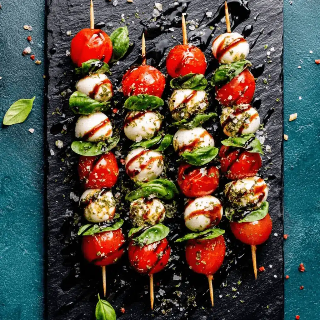 Four gourmet caprese skewers drizzled with balsamic glaze and herbs, presented on a dark slate serving board.
