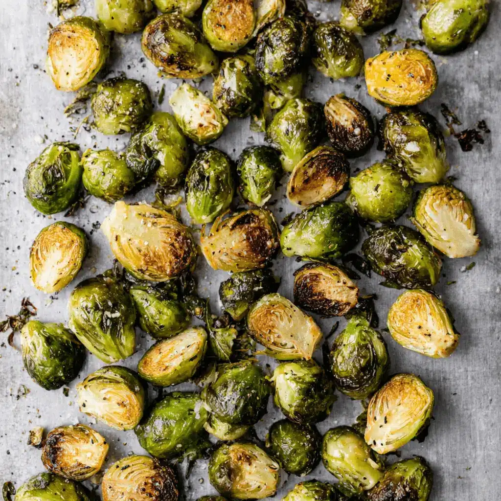 The Ultimate Crispy Roasted Brussels Sprouts Recipe 2 Highly detailed image of perfectly seasoned and caramelized Roasted Brussels Sprouts scattered on a light background.