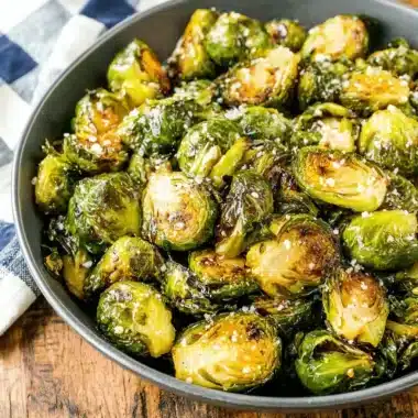 Highly caramelized roasted brussels sprouts recipe in a dark bowl, garnished with flaky sea salt.