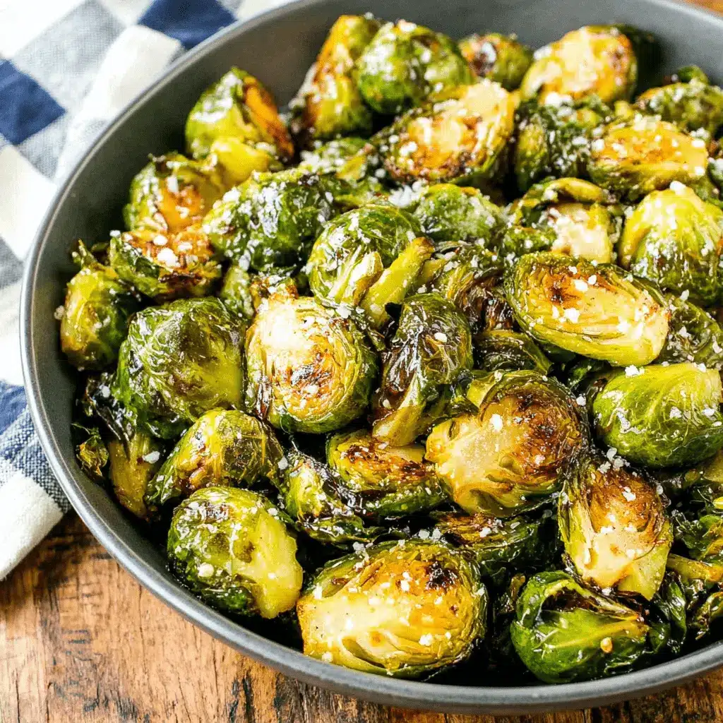 Highly caramelized roasted brussels sprouts recipe in a dark bowl, garnished with flaky sea salt.