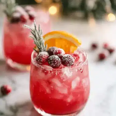 Festive Cranberry Mocktail garnished with sugared cranberries, rosemary, and an orange slice on a marble counter with warm holiday bokeh lights.