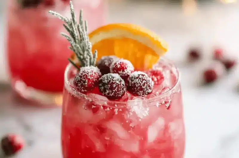Festive Cranberry Mocktail garnished with sugared cranberries, rosemary, and an orange slice on a marble counter with warm holiday bokeh lights.
