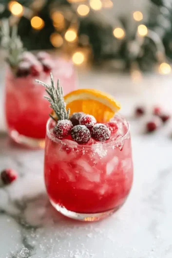 Festive Cranberry Mocktail garnished with sugared cranberries, rosemary, and an orange slice on a marble counter with warm holiday bokeh lights.