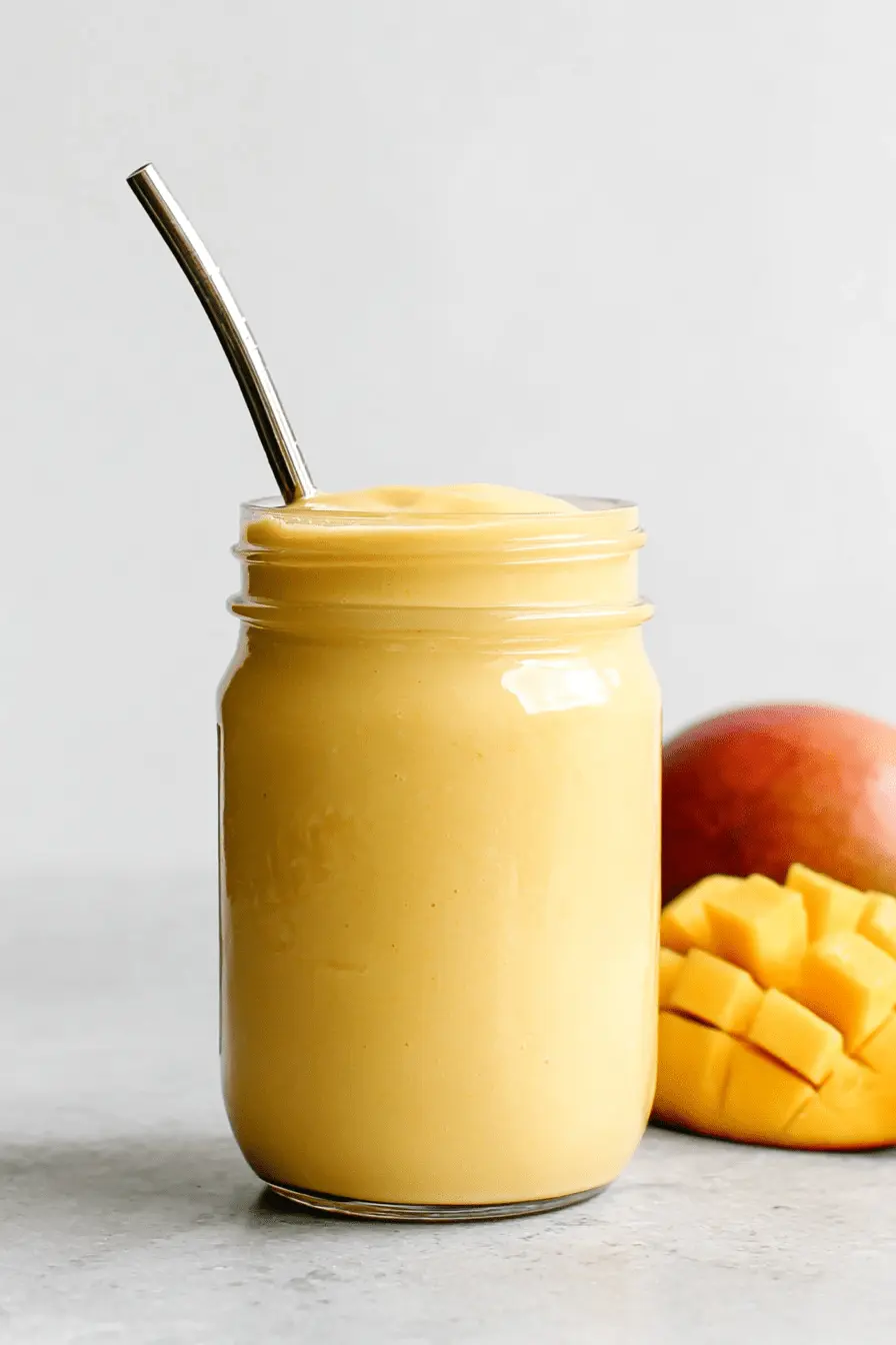 Close-up of a vibrant yellow mango smoothie in a mason jar, served with a reusable straw next to fresh sliced mango.