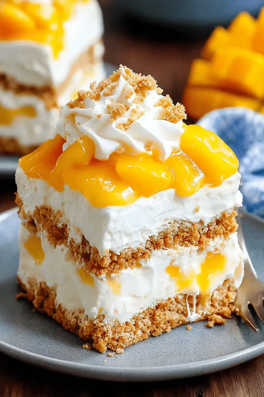 The Ultimate & Easy Mango Float Recipe 2 Close-up of a layered square slice of creamy, chilled no-bake mango float dessert with graham cracker layers, fresh mango chunks, and a whipped cream topping.