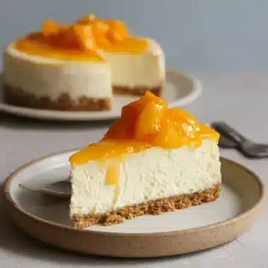 Rich slice of creamy mango cheesecake with a thick graham crust and vibrant fruit glaze.
