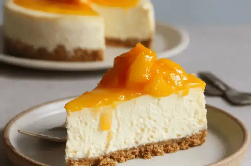Rich slice of creamy mango cheesecake with a thick graham crust and vibrant fruit glaze.