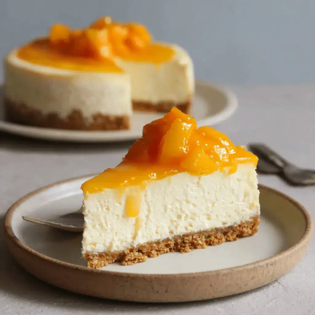 Rich slice of creamy mango cheesecake with a thick graham crust and vibrant fruit glaze.