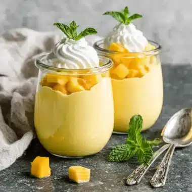 Detailed photograph of two layered glass jars holding a luxurious creamy mango dessert, garnished with fresh mint.