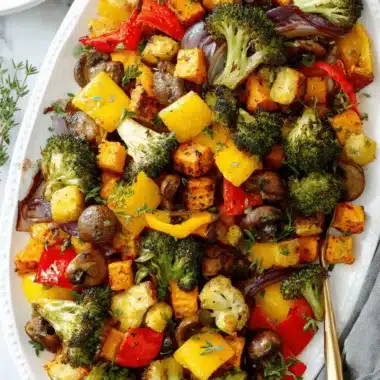 Vibrant mixed autumn Roasted Vegetables on a white serving platter, seasoned and garnished with fresh thyme.