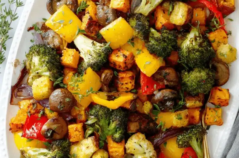 Vibrant mixed autumn Roasted Vegetables on a white serving platter, seasoned and garnished with fresh thyme.