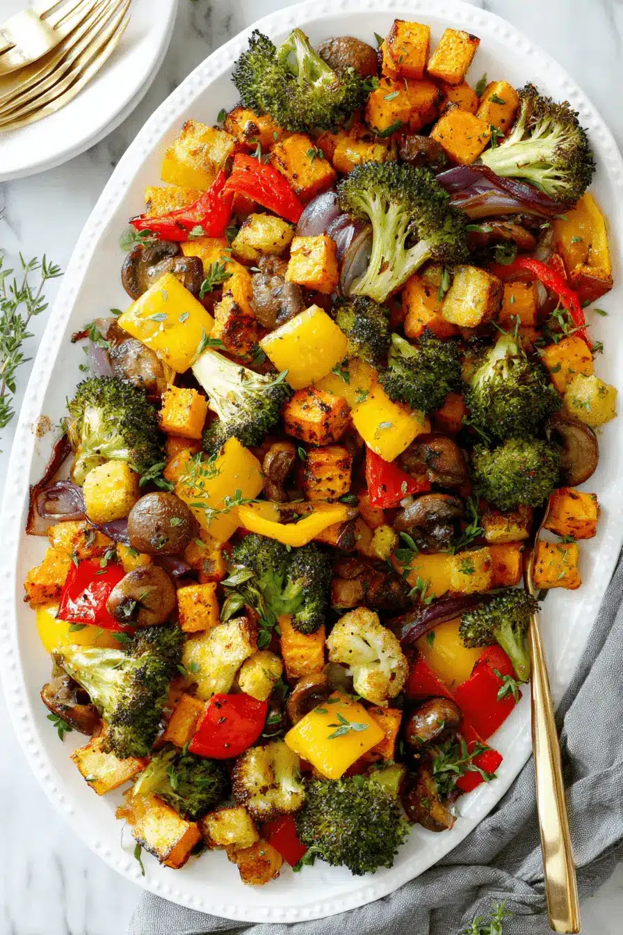 Vibrant mixed autumn Roasted Vegetables on a white serving platter, seasoned and garnished with fresh thyme.