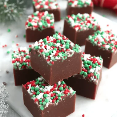Close-up photo of rich chocolate Christmas Fudge squares decorated with vibrant red and green sprinkles for the holidays.