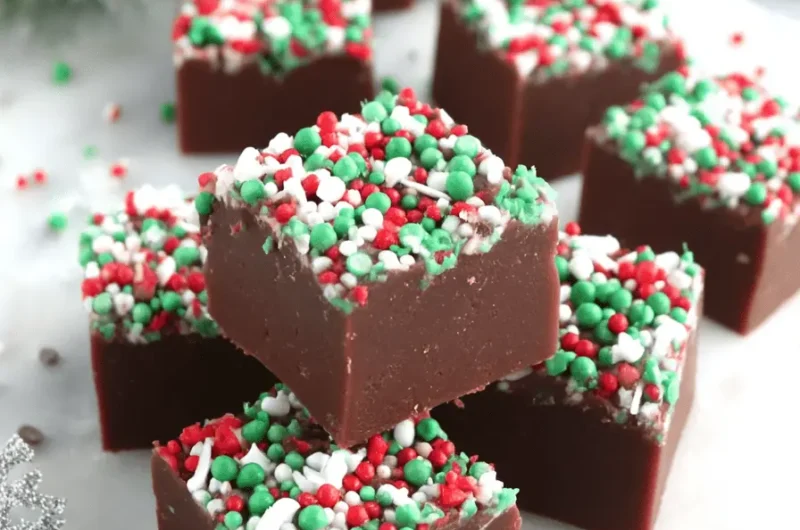 Close-up photo of rich chocolate Christmas Fudge squares decorated with vibrant red and green sprinkles for the holidays.