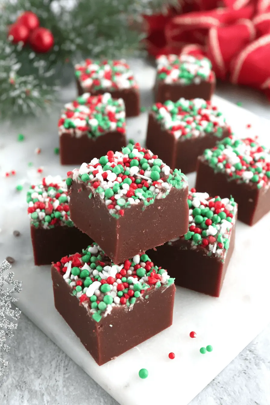 Close-up photo of rich chocolate Christmas Fudge squares decorated with vibrant red and green sprinkles for the holidays.