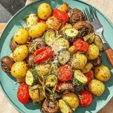 Vibrant serving of mixed roasted vegetables oven, including potatoes, mushrooms, and zucchini, garnished with Parmesan and rosemary.