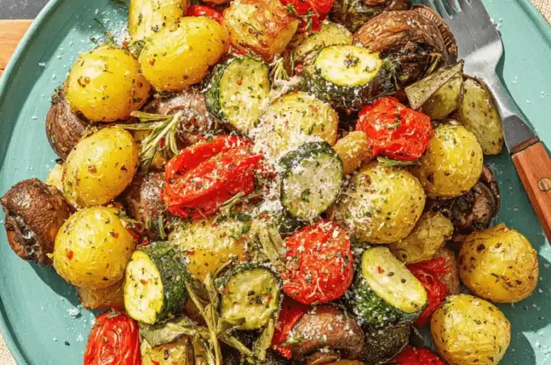 Vibrant serving of mixed roasted vegetables oven, including potatoes, mushrooms, and zucchini, garnished with Parmesan and rosemary.