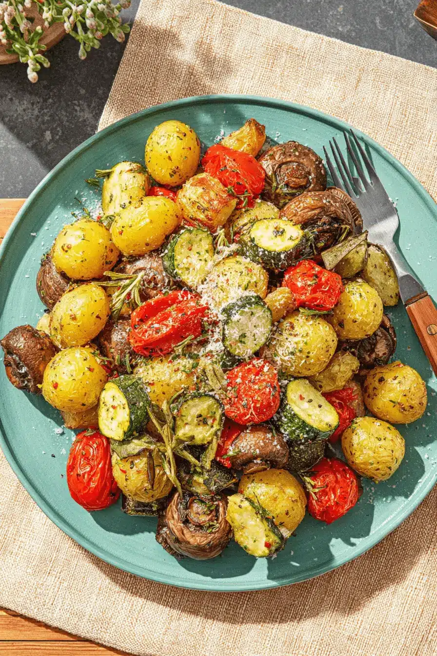 Vibrant serving of mixed roasted vegetables oven, including potatoes, mushrooms, and zucchini, garnished with Parmesan and rosemary.