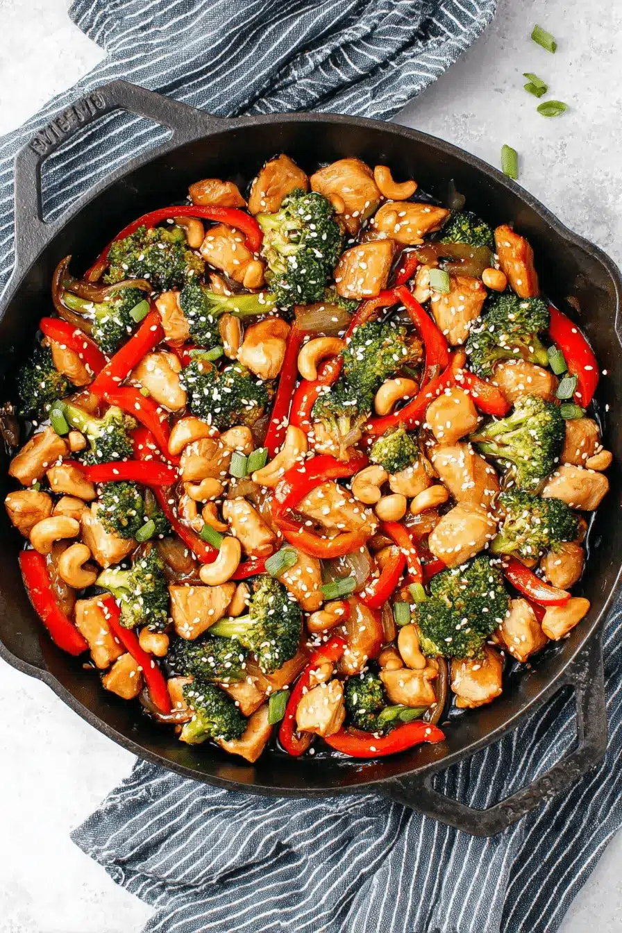 Overhead shot of a glossy Cashew chicken stir fry with vibrant red peppers and broccoli served in a cast-iron skillet.