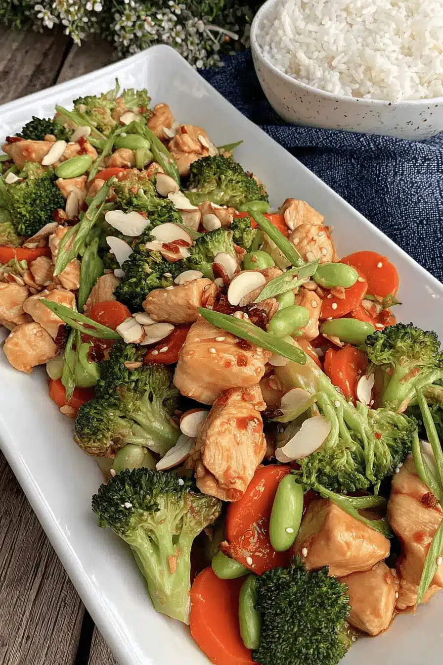 Appetizing image of glossy chicken stir fry with vegetables (broccoli, carrots, edamame) and sliced almonds on a white platter.