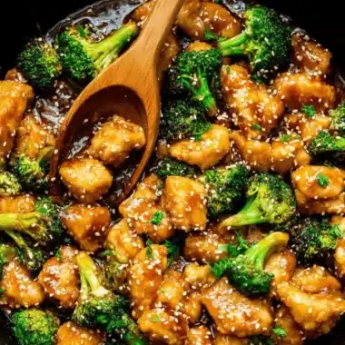 Appetizing close-up of glossy, sesame-covered chicken and broccoli stir fry served hot in a black cast-iron skillet.