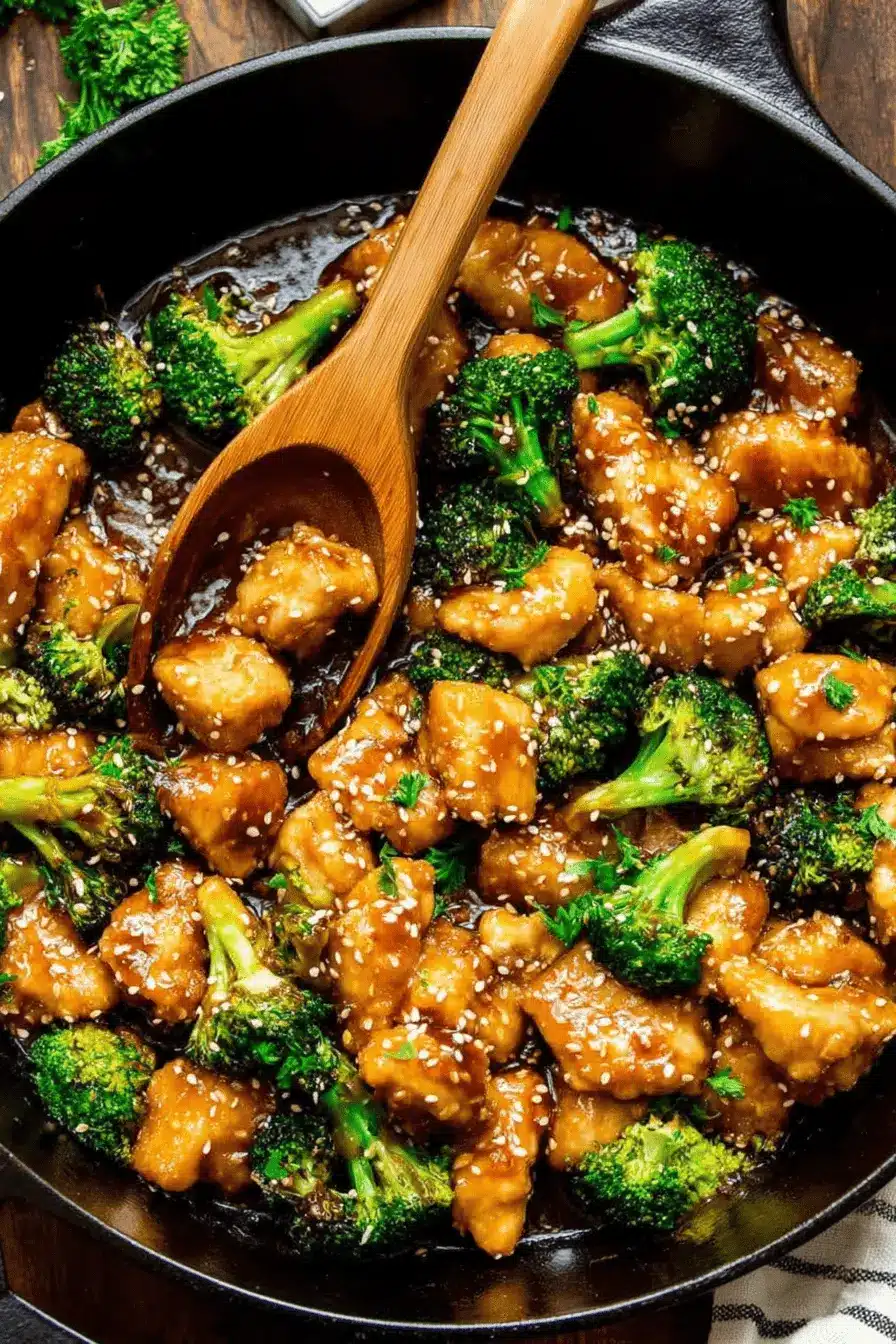 Appetizing close-up of glossy, sesame-covered chicken and broccoli stir fry served hot in a black cast-iron skillet.