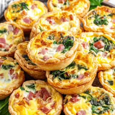 A generous stack of savory ham and spinach mini quiches, baked to perfection in a muffin tin and arranged on a dark platter.