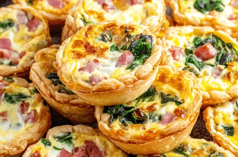 A generous stack of savory ham and spinach mini quiches, baked to perfection in a muffin tin and arranged on a dark platter.