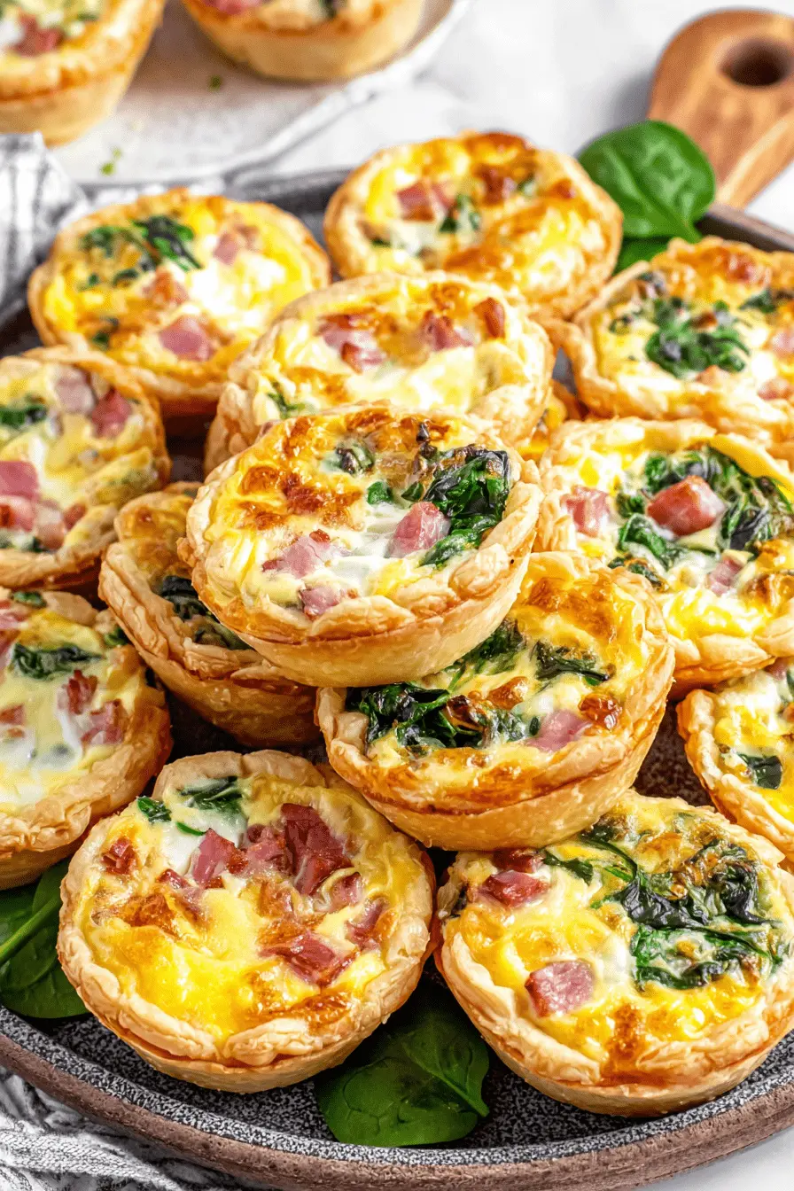 A generous stack of savory ham and spinach mini quiches, baked to perfection in a muffin tin and arranged on a dark platter.