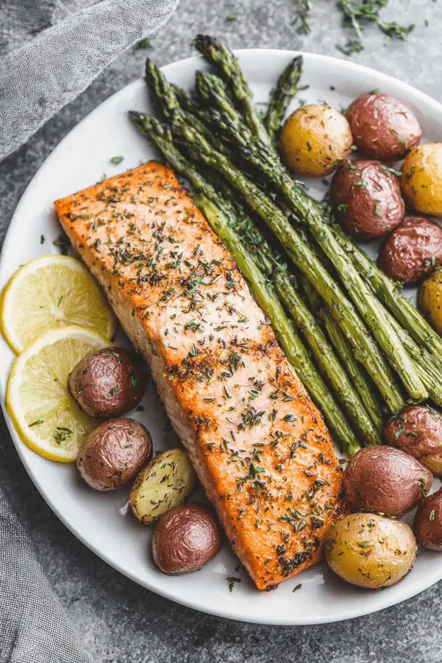 Herb-crusted roasted salmon fillet served with vibrant green asparagus spears and seasoned new potatoes, highlighting a healthy, plated meal of salmon and asparagus.