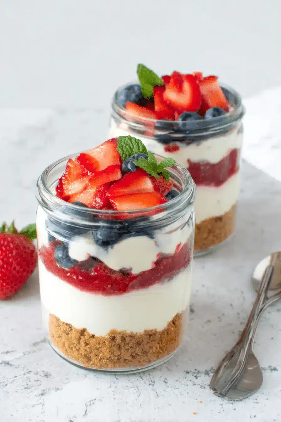 Two clear glass cheesecake jars showing layers of crust, cream, and red fruit compote, garnished with fresh berries and mint.