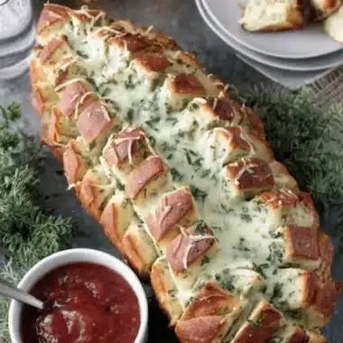 The Ultimate Christmas Tree Bread Recipe 3 Appetizing close-up of cheesy, pull-apart christmas tree bread served on a slate platter with a side of marinara dipping sauce.