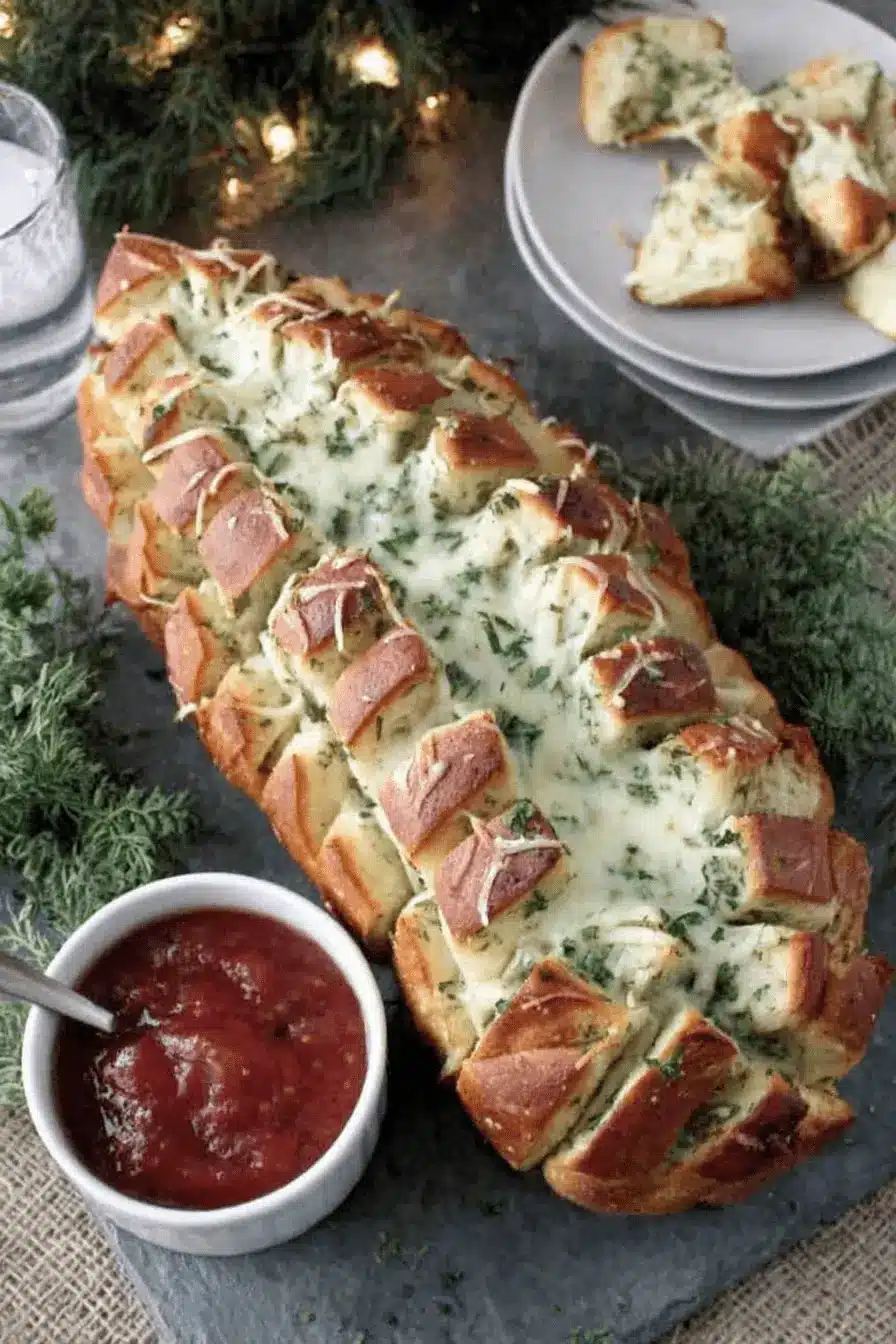 Appetizing close-up of cheesy, pull-apart christmas tree bread served on a slate platter with a side of marinara dipping sauce.