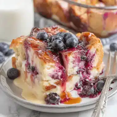 Amazing Blueberry French Toast Casserole Recipe 3 A delicious slice of Blueberry French Toast Casserole with golden-brown crust, creamy filling, fresh blueberries, and sweet sauces on a light plate.