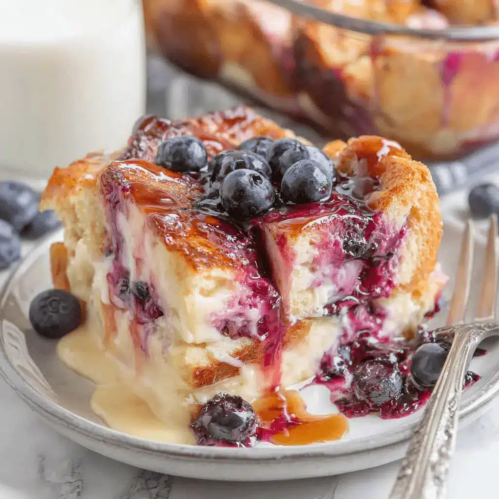 Amazing Blueberry French Toast Casserole Recipe 2 A delicious slice of Blueberry French Toast Casserole with golden-brown crust, creamy filling, fresh blueberries, and sweet sauces on a light plate.