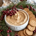 Festive wooden platter with creamy gingerbread dip and crackers, garnished with evergreen sprigs and red berries for a holiday appetizer.