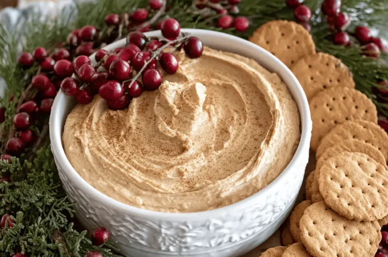 Festive wooden platter with creamy gingerbread dip and crackers, garnished with evergreen sprigs and red berries for a holiday appetizer.